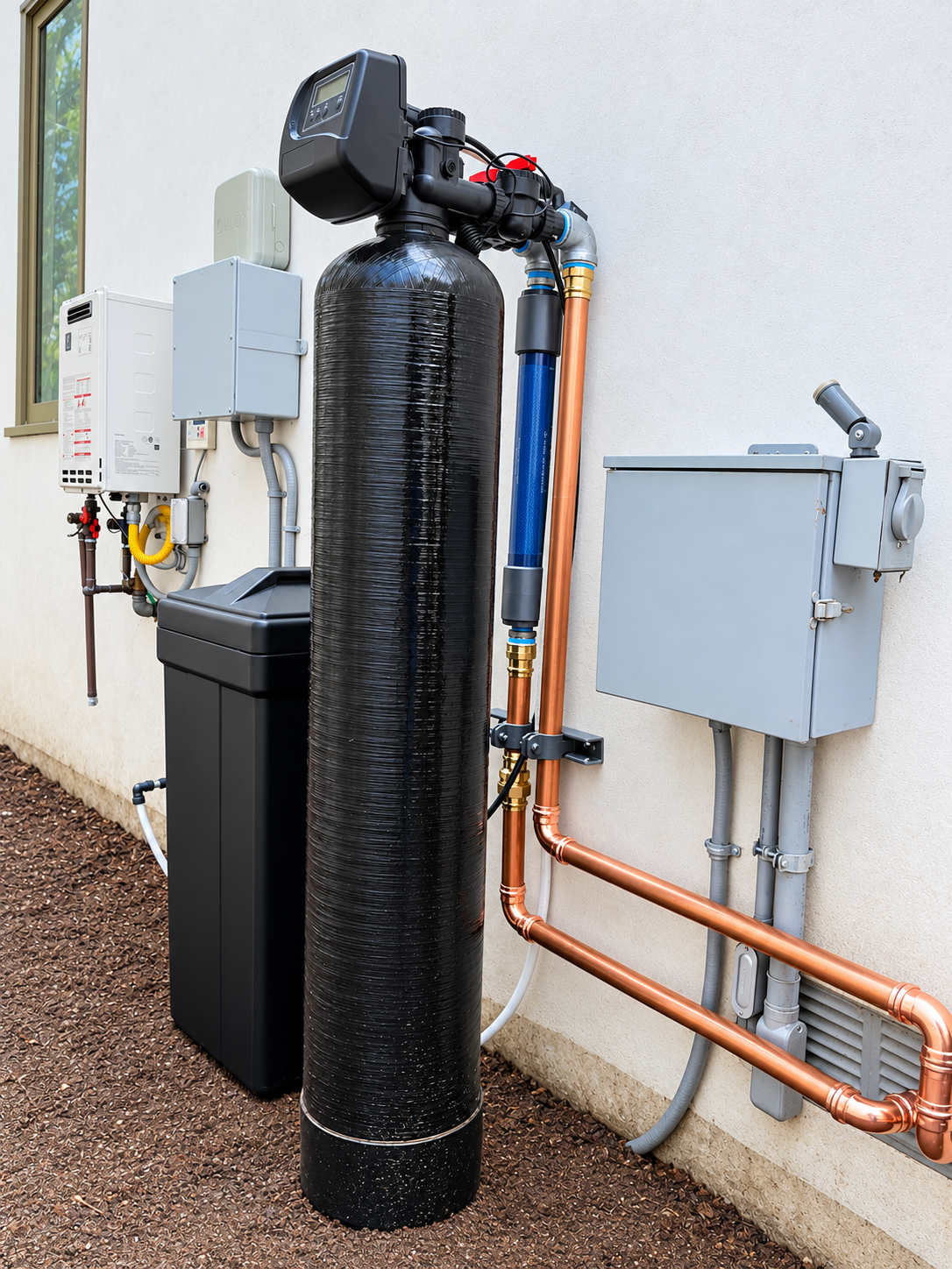 Clack WS1 whole-house softener installation with Natural Action structured water device on the piping