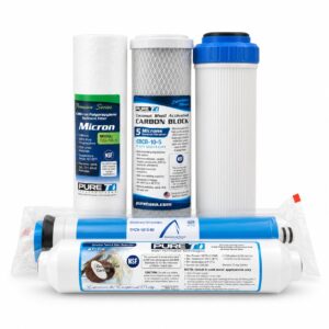PureT GAC replacement filter set with a 50 GPD reverse osmosis membrane on a white background