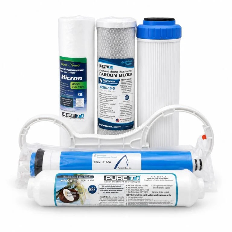 PureT GAC replacement filters with 50 GPD membrane and double-ring filter wrench on a white background