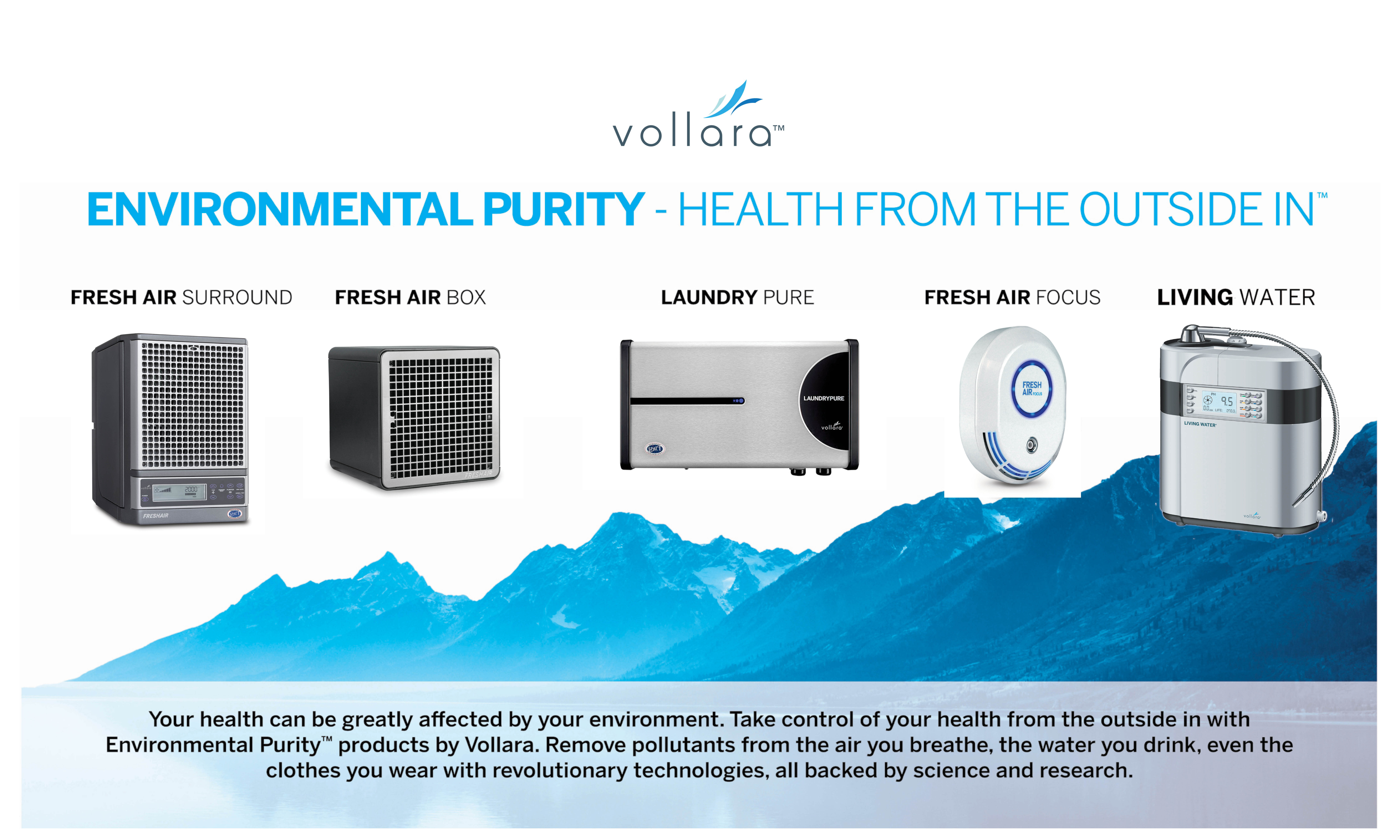 VOLLARA Fresh Air Surround, Fresh Air Box, LaundryPure, Fresh Air Focus, and Living Water products
