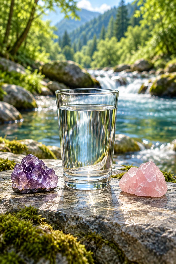 Illustration of amethyst and rose quartz beside a glass of water