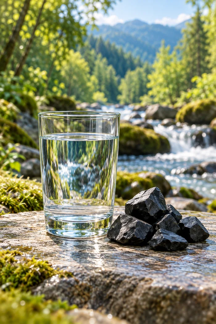 Illustration of shungite stones beside a glass of water