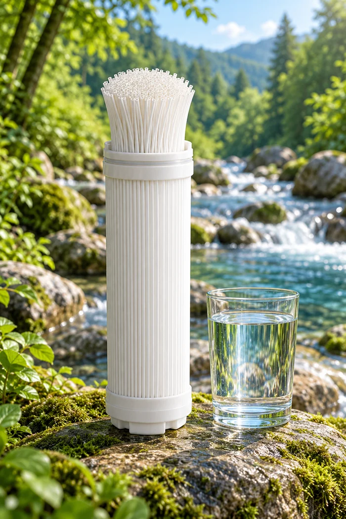 Illustration of a hollow-fiber ultrafiltration membrane beside a glass of water